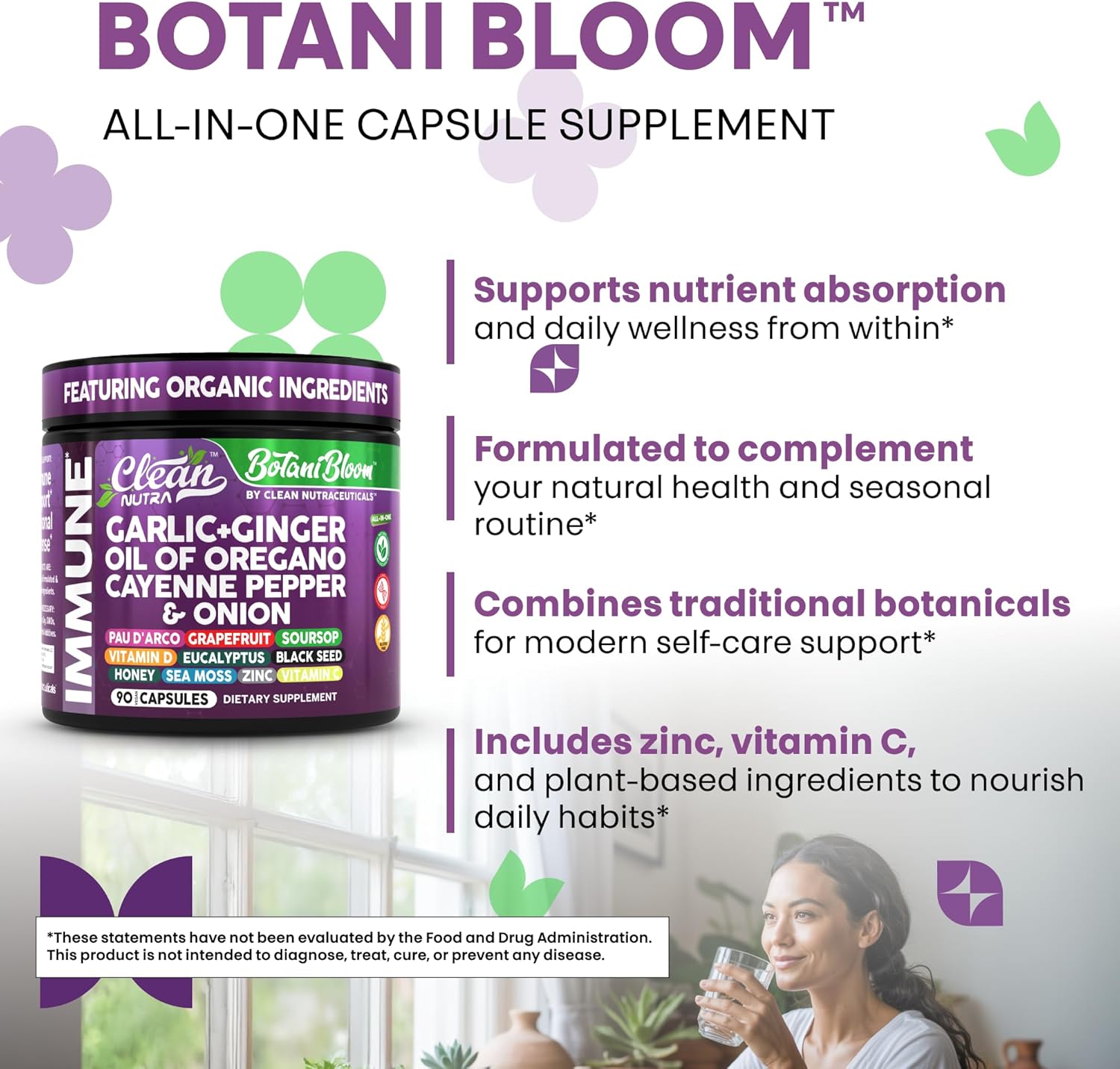Clean Nutra Garlic Ginger Oil of Oregano Cayenne Pepper Grapefruit Soursop Black Cumin Sea Moss Black Pepper Vitamin C and Zinc VIT C Detox Gut Health Black Seed Cleanse 90 Vegan Capsules