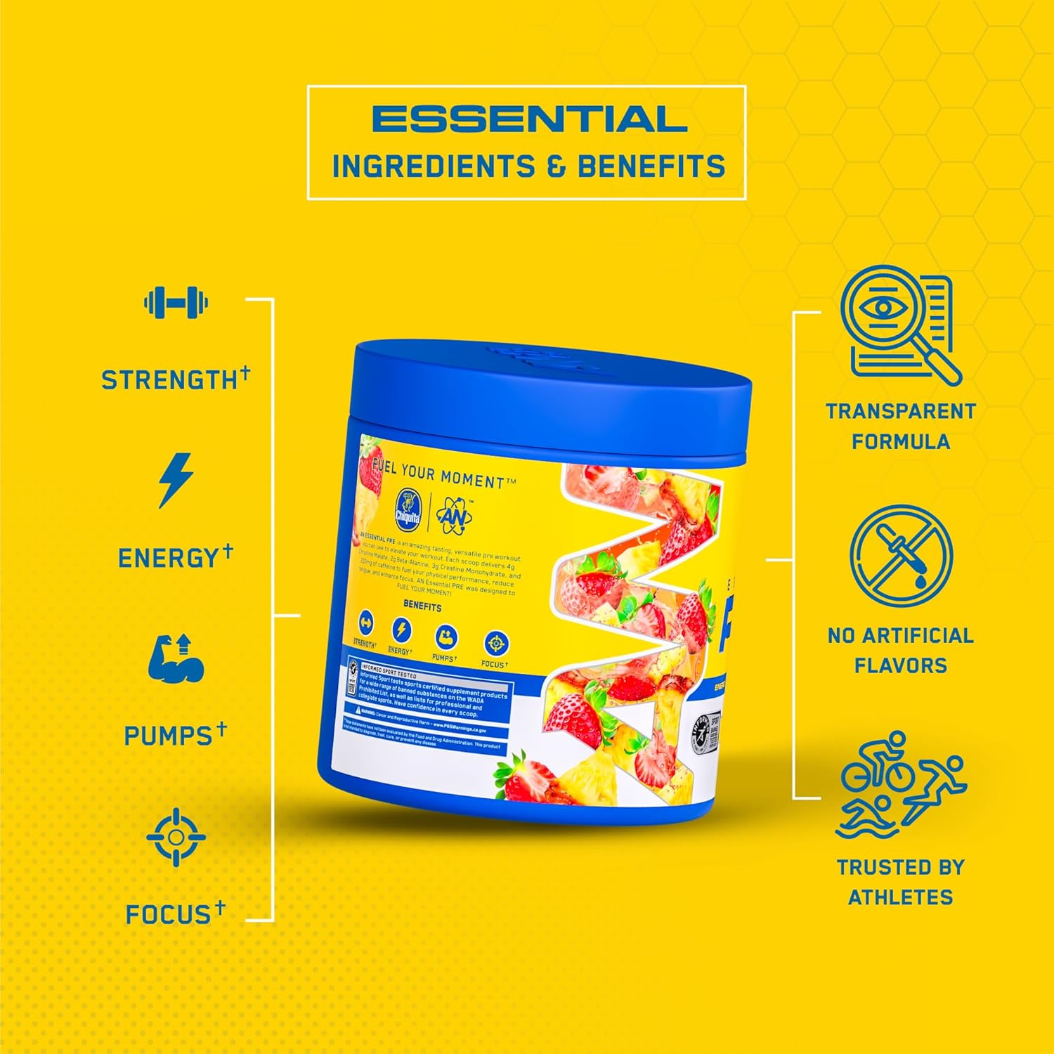 AN Essentials Pre-Workout Powder Supplement for Men & Women | Energy Mix with 200mg Caffeine, Beta Alanine, Citrulline, & Creatine | Chiquita Pineapple Strawberry | 30 Servings