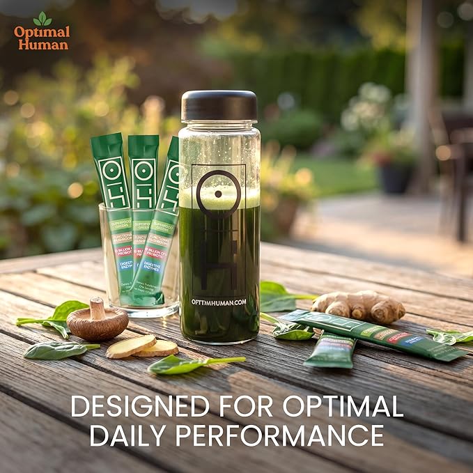 Optimal Human Superfood Greens Powder -90+ Ingredient Blend with Lion’s Mane Supplement, Ashwagandha & Turmeric – Non-GMO, Soy-Free,Mushroom Supplements for Women – 5-Day Sachets w/A Bottle- 0.21 oz