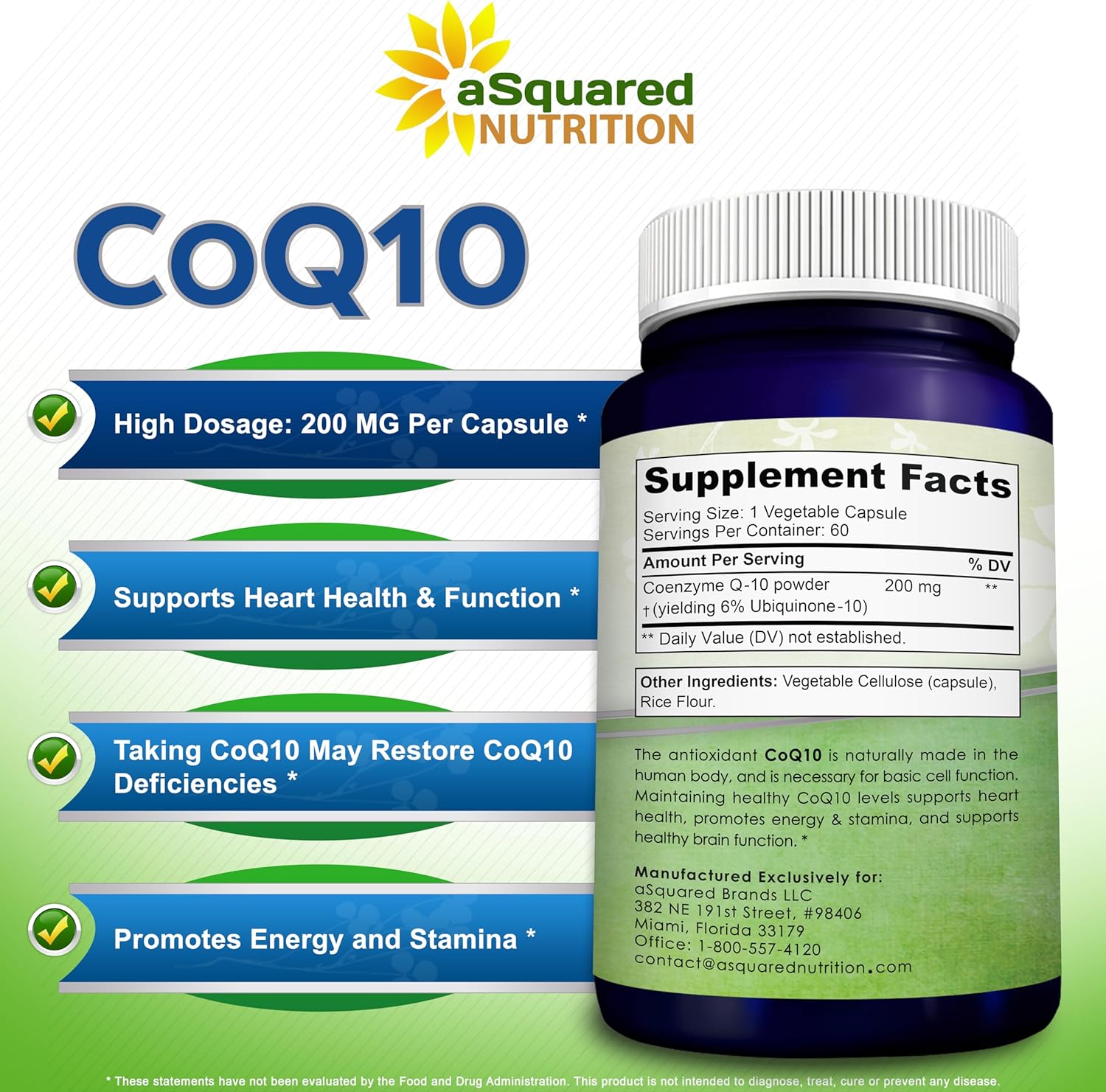 aSquared Nutrition CoQ10 200mg - 60 Capsules - CO Q 10 Supplement - Coenzyme Q10 Ubiquinone Pills - Vegan CoQ-10 Extra Antioxidant Vitamin - Alternative to Softgels & Gummies