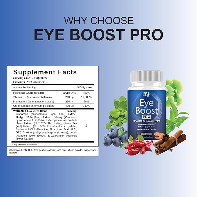 BLUE VIBE Eye Boost Pro Maximum Strength Overall Health & Wellness Support Supplement, Official EyeBoost Advanced Premium Wellness & Health Management Formula Supplement Pills (60 Capsules)