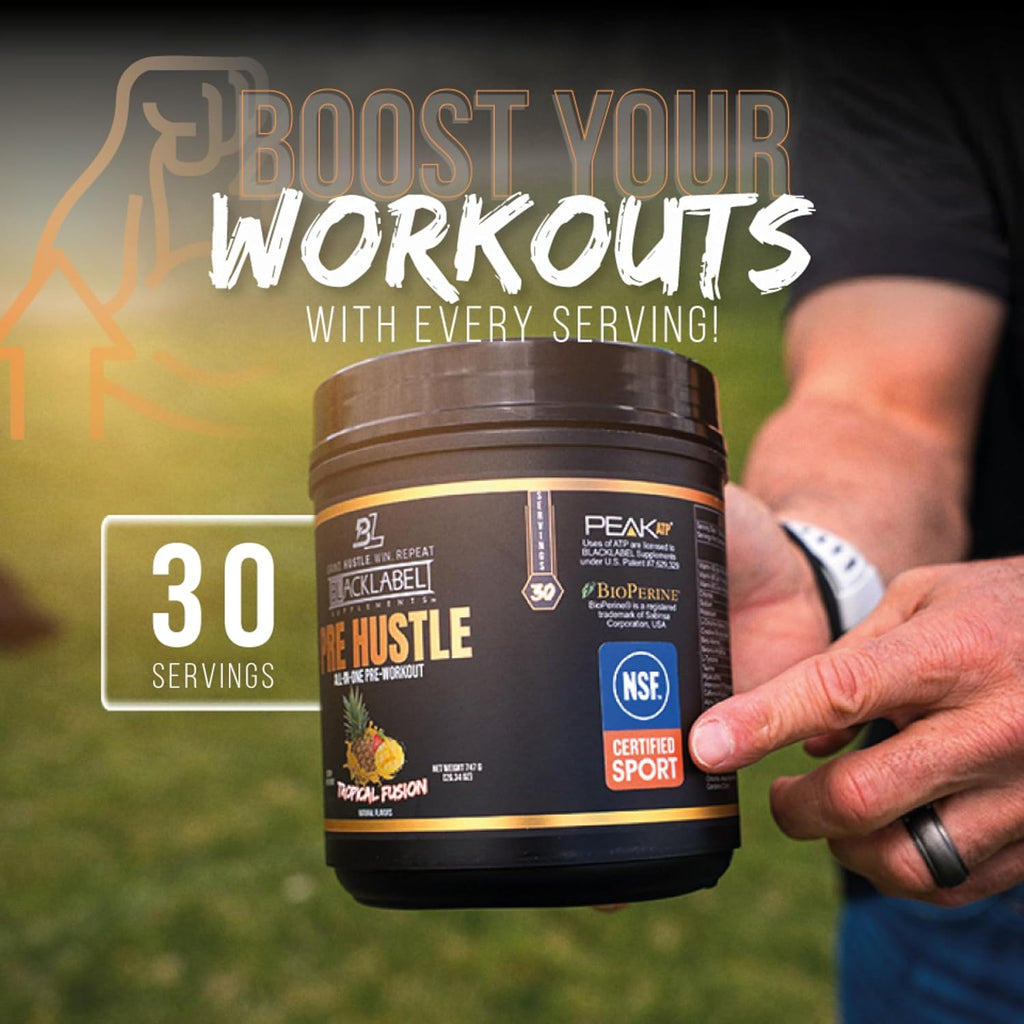 BLACKLABEL Supplements PRE Hustle V3 Pre-Workout Powder – NSF Certified for Sport – Energy, Strength & Endurance Support – Tropical Fusion Flavor – with Creatine & Caffeine – 30 Servings