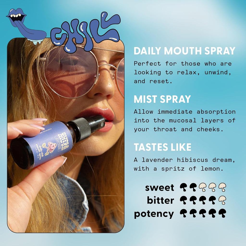 Daily Chill Mouth Spray - Mushroom Spray Supplement Reishi - Hibiscus & Ashwagandha Mixed Mushrooms Extract Pure Liquid Sprays - Stress Relief, Relaxing & Calming - 30ml Organic Lion’s Mane