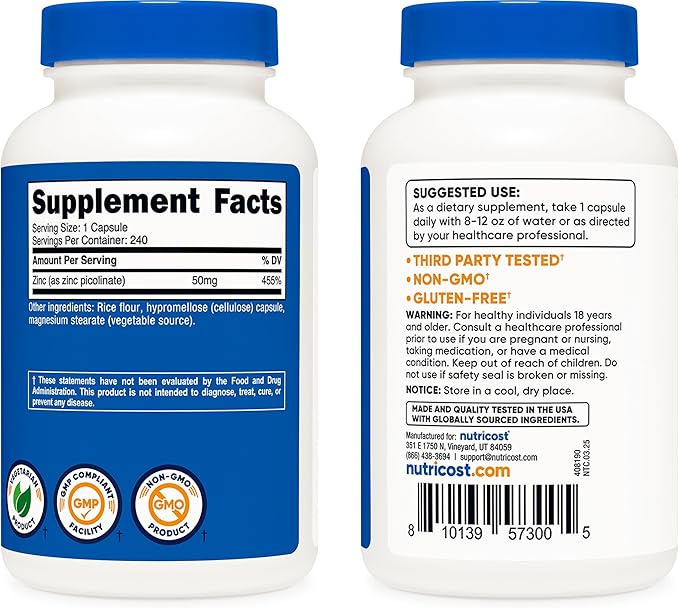 Nutricost Zinc Picolinate 50mg, 240 Vegetarian Capsules - Gluten Free and Non-GMO (240 Caps)