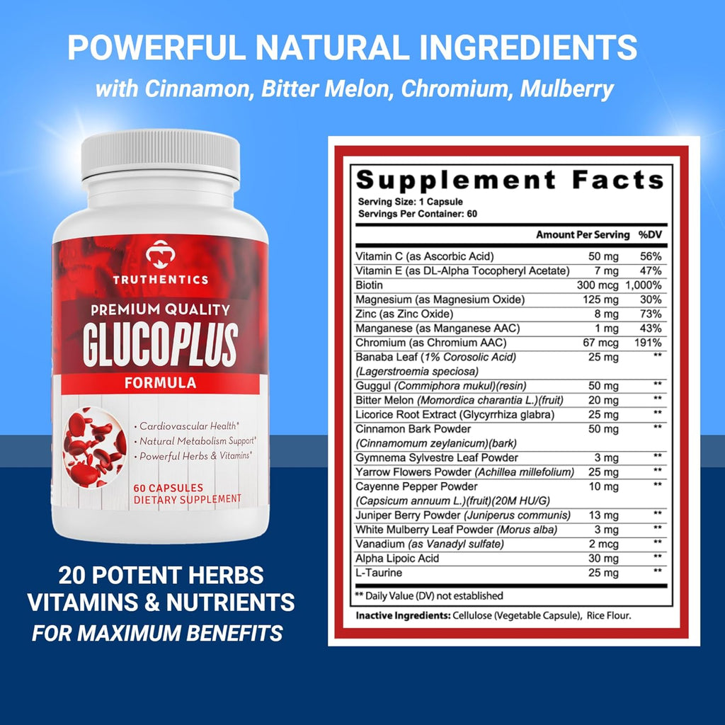 TRUTHENTICS GlucoPlus - 20 Herbs, Vitamins & Minerals with Cinnamon, Chromium, Vanadium, Bitter Melon, Alpha Lipoic Acid, Magnesium - Gluten Free, Non-GMO - 60 Capsules