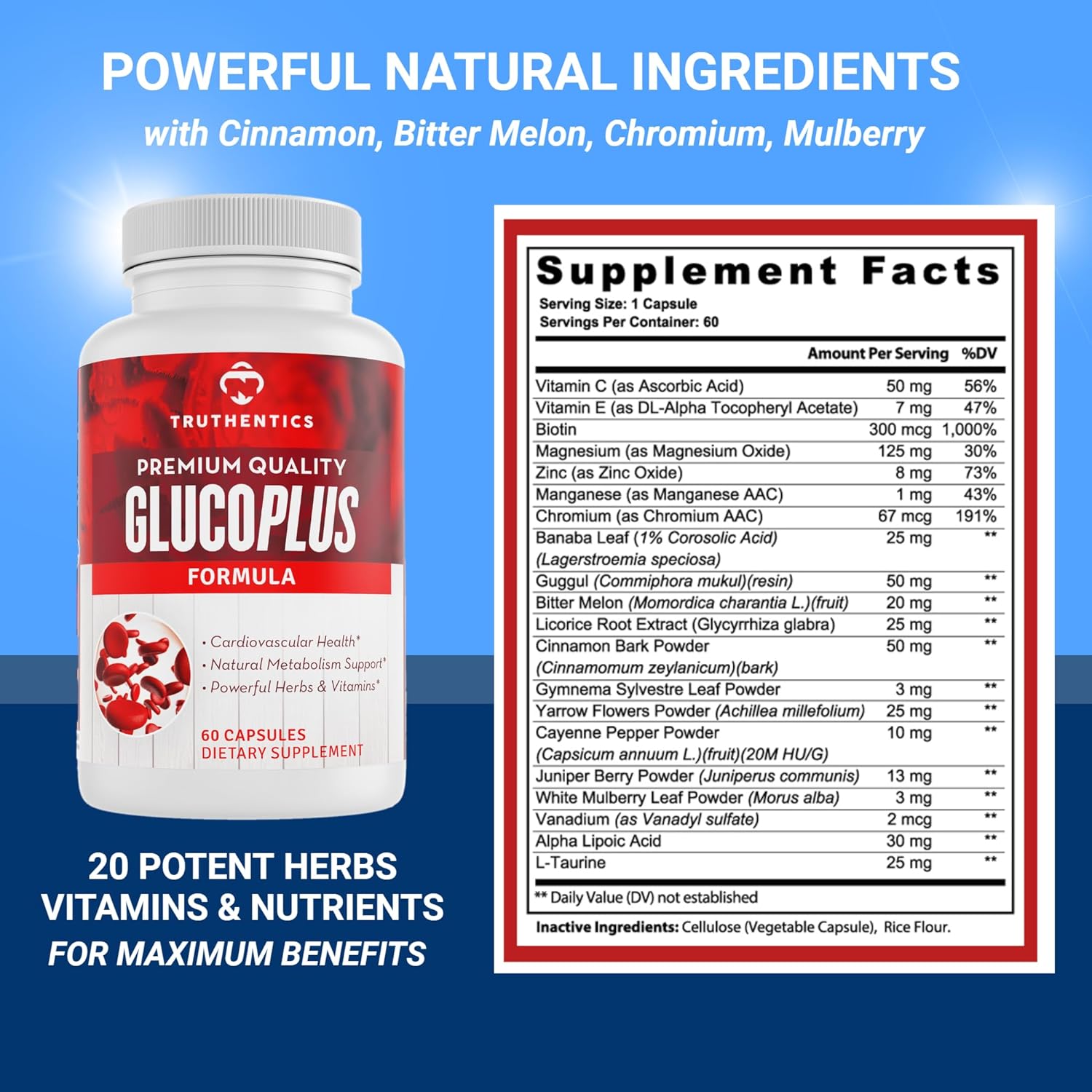 TRUTHENTICS GlucoPlus - 20 Herbs, Vitamins & Minerals with Cinnamon, Chromium, Vanadium, Bitter Melon, Alpha Lipoic Acid, Magnesium - Gluten Free, Non-GMO - 60 Capsules