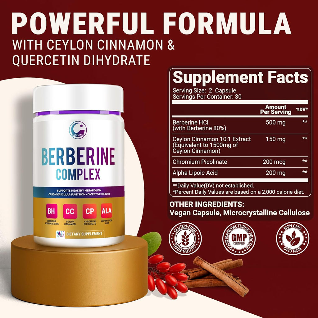 LEGRANO Berberine Supplement 500mg with Ceylon Cinnamon, ALA & Chromium – Berberine Complex for Glucose Metabolism & Heart Support – 60 Vegan Capsules