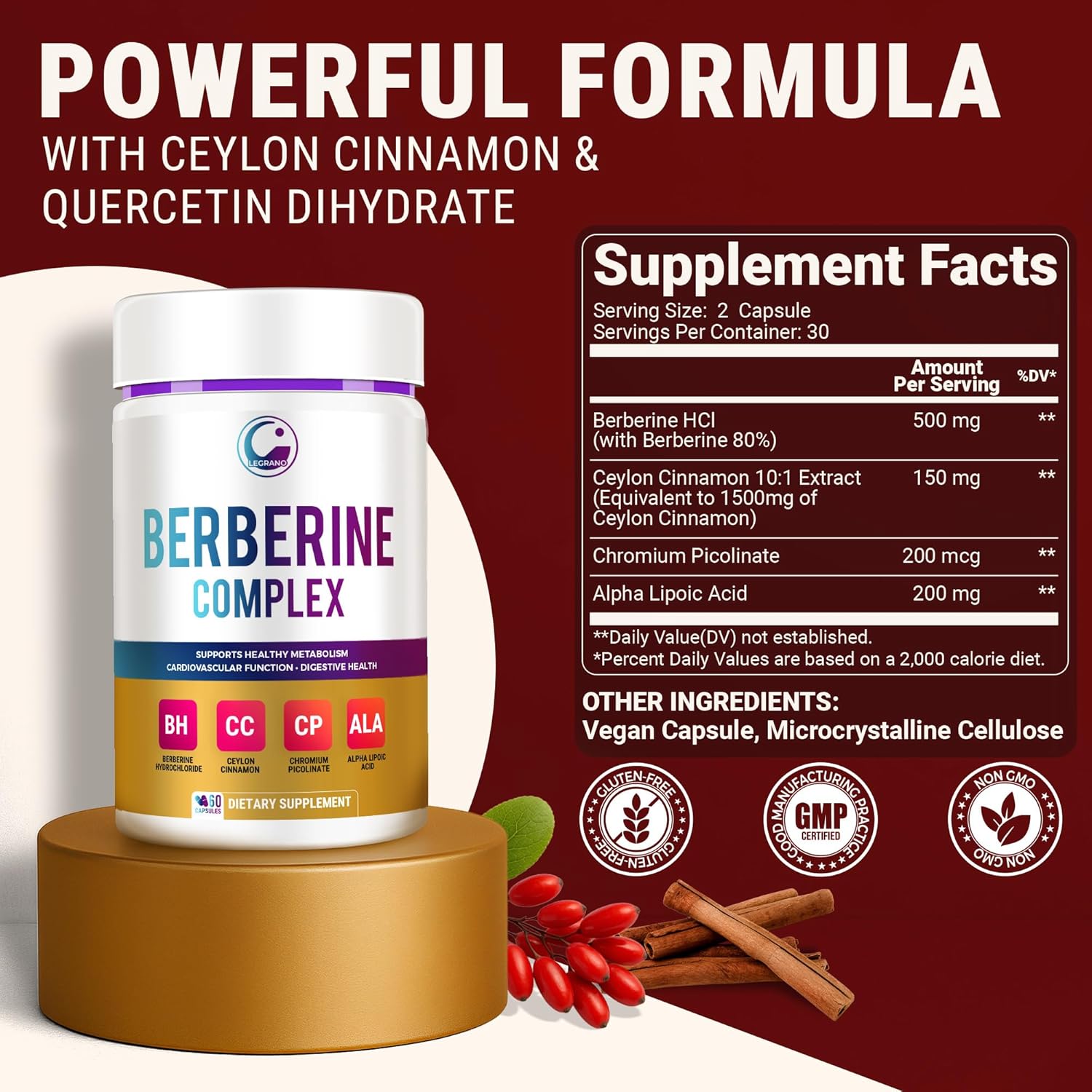 LEGRANO Berberine Supplement 500mg with Ceylon Cinnamon, ALA & Chromium – Berberine Complex for Glucose Metabolism & Heart Support – 60 Vegan Capsules