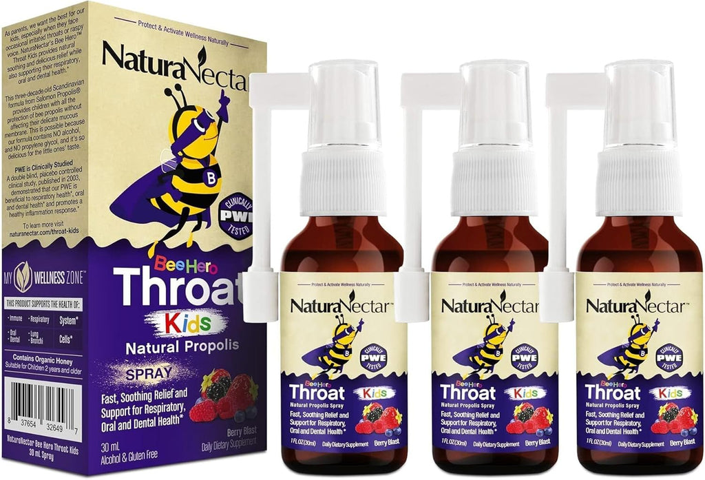 NaturaNectar Exclusive Kids Propolis Throat Spray, BeeHero Berry Blast Flavor (3 Packs)