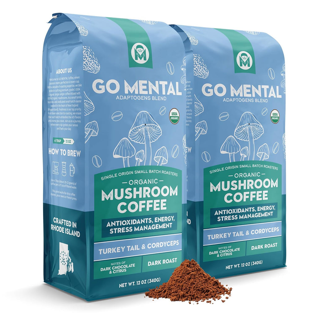 Organic Turkey Tail & Cordyceps Mushroom Coffee Dark Roast, Antioxidants, Immune System Support, overall wellness, Grade 1 Single Origin Peruvian | 12oz - Ground (2 Pack)