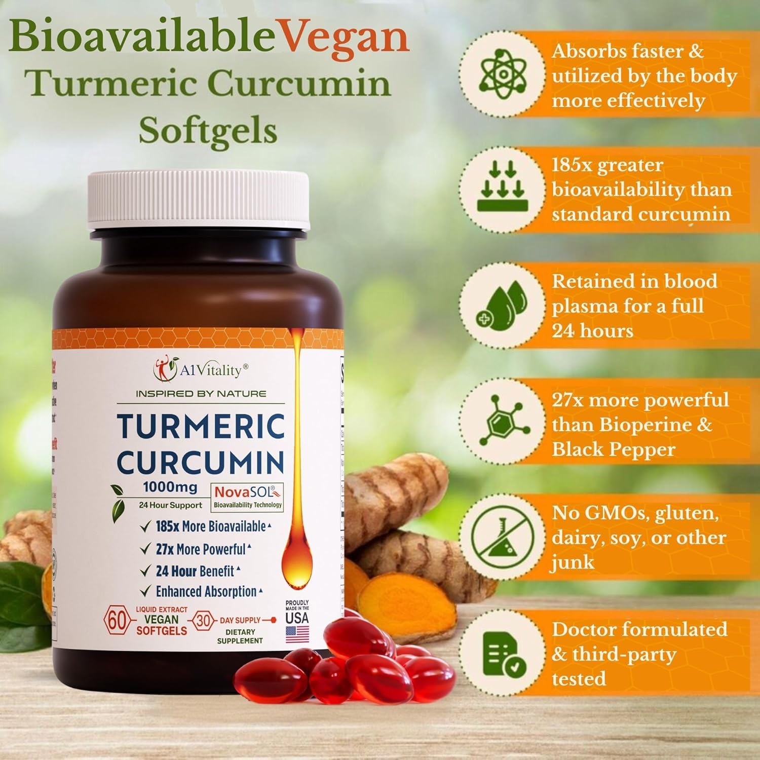 A1Vitality Vegan Turmeric Curcumin NovaSOL 1000mg - Nature's Joint Support Supplements - 185x Bioavailable Than Standard Curcumin - Natural Carrageenan Softgels (Vegan)
