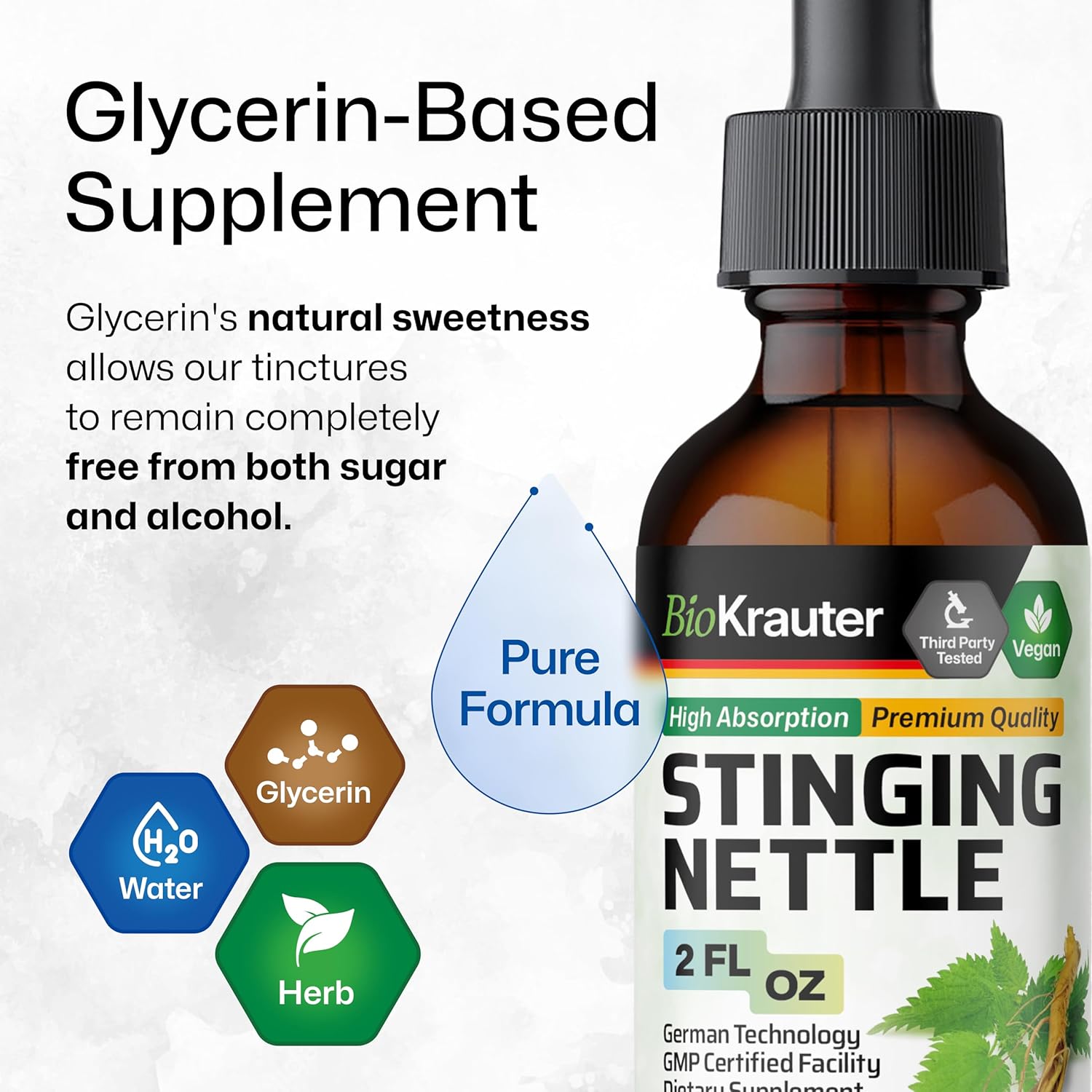 BIO KRAUTER Stinging Nettle Tincture - Nettle Root Extract Liquid - Urinary Support Supplement - Urtica Dioica Natural Extract - Vegan, Sugar & Alcohol Free Drops 2 Fl.Oz.