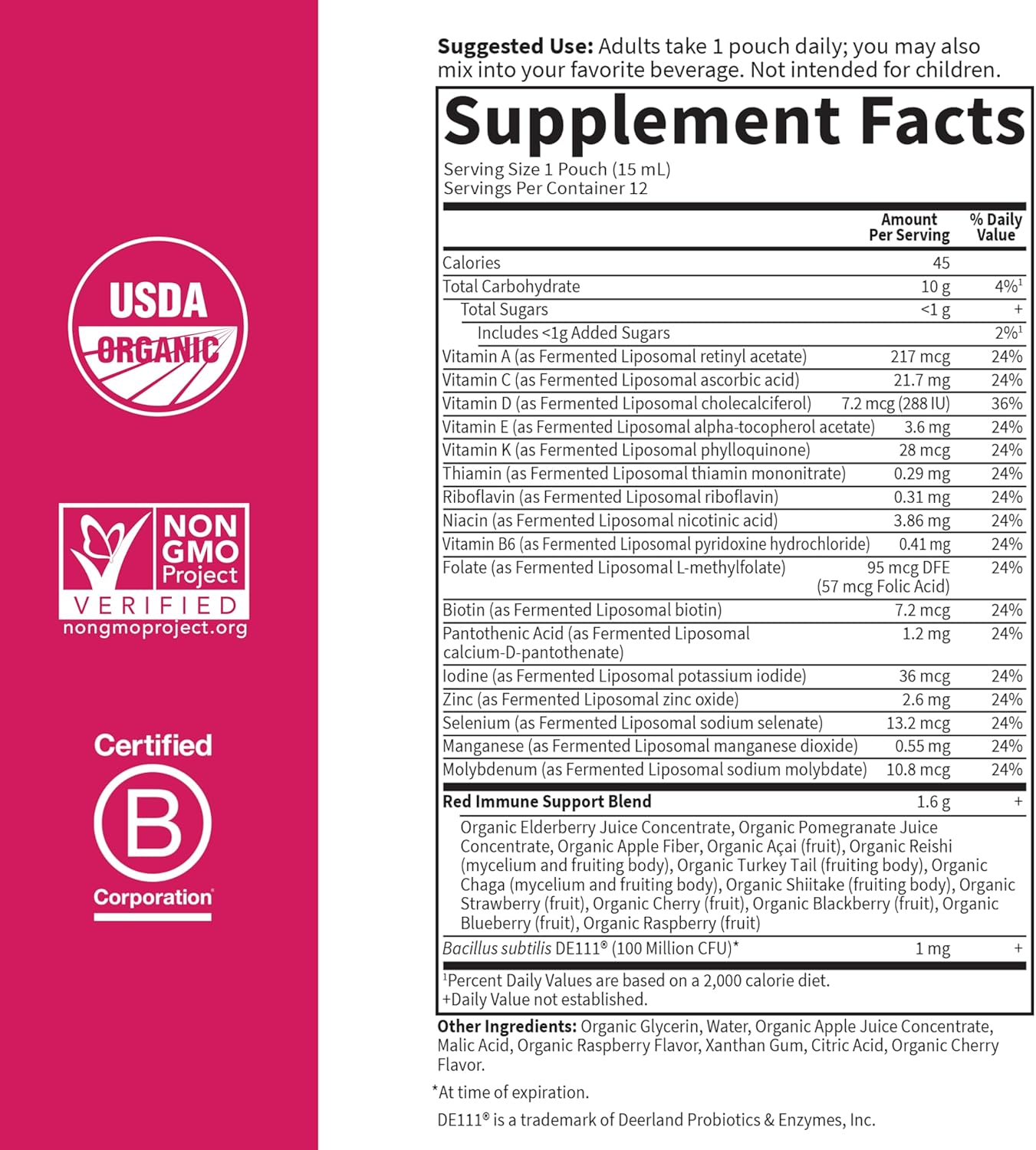 Garden of Life Superfoods Sips Pouches, Vitamins, Probiotics, 13 Organic Superfoods, Immunity Reds, Functional Mushrooms, Once Daily, Organic, Vegan, Preservative-Free, Berry Flavor, 12 Servings