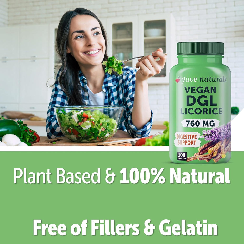 Yuve Vegan DGL Licorice 760mg - Ultra Pure Deglycyrrhizinated Licorice Root Capsules Supplement - Support Stomach, Gut & Intestinal Relief - Natural Acid Reflux Formula - Non-GMO & Gluten Free - 100ct