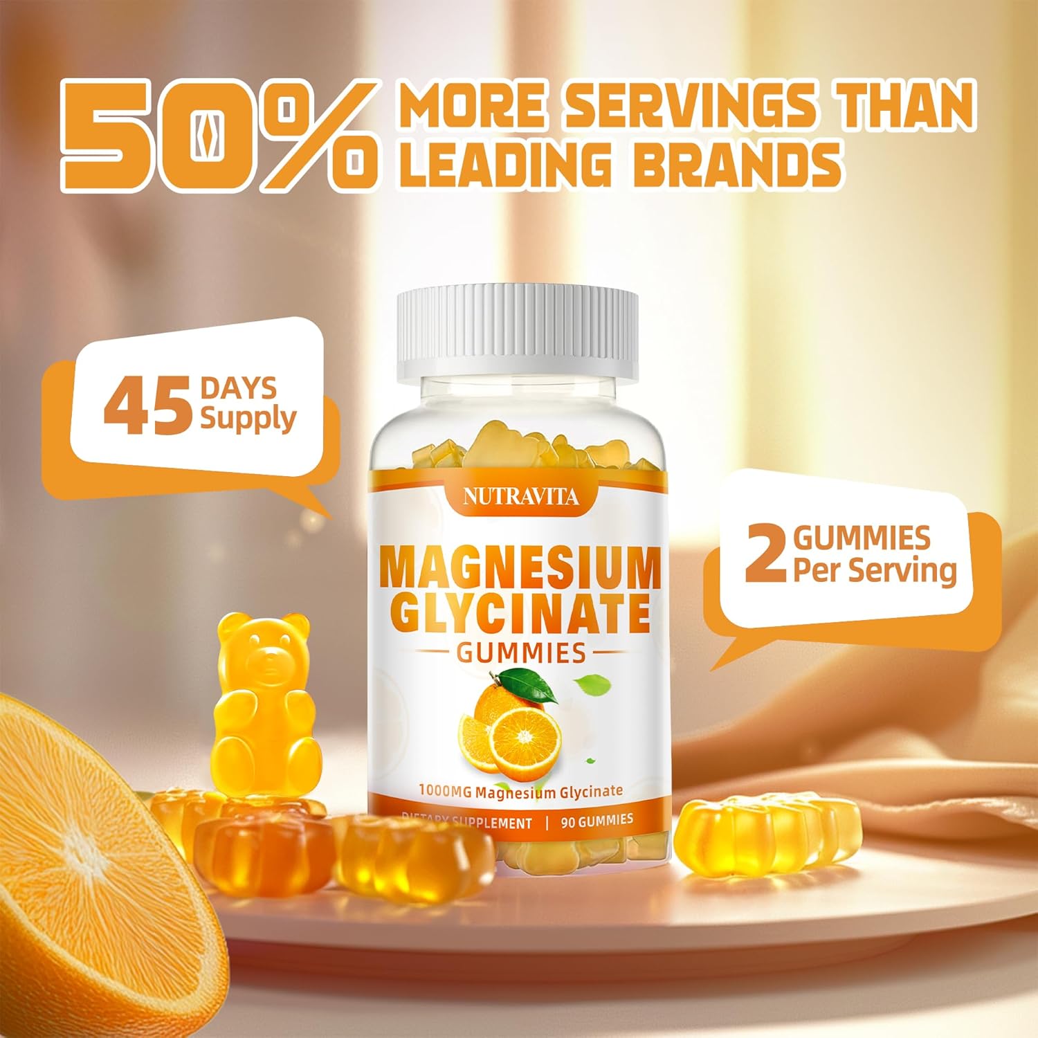 Magnesium Glycinate Gummies 1000mg with Magnesium L-Threonate,Chelated Magnesium Potassium Complex Supplement with VitD, B6, CoQ10, Calcium,Supports for Memory, Calm, Mood - 90 Gummies Orange