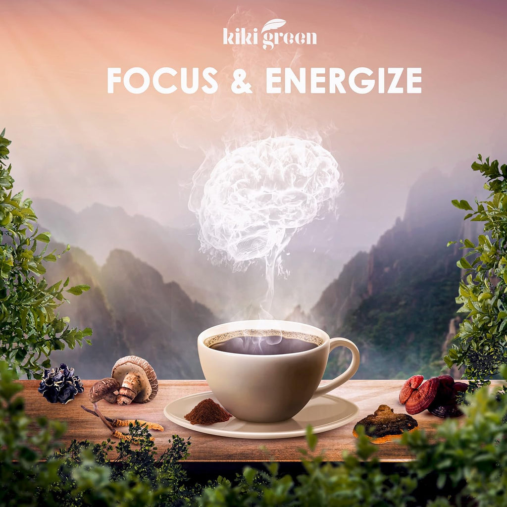 KIKI Green 8 Mushrooms Powder Extract - Supplement Blend 8 oz - Lion's Mane, Reishi, Chaga, Cordyceps, Maitake, Shiitake - for Focus and Energy - Add to Coffee and Smoothies