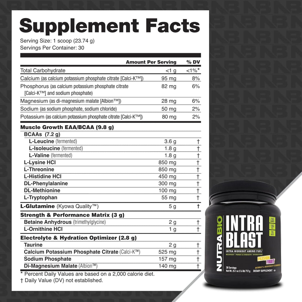 NutraBio Intra Blast Bcaa Powder Amino Acid Supplement, Electrolyte & Hydration Blend, Intra, Pre Workout & Muscle Recovery, 20g Eaa Amino Acids Powder, 5g Glutamine- Passion Fruit, 30 Serving