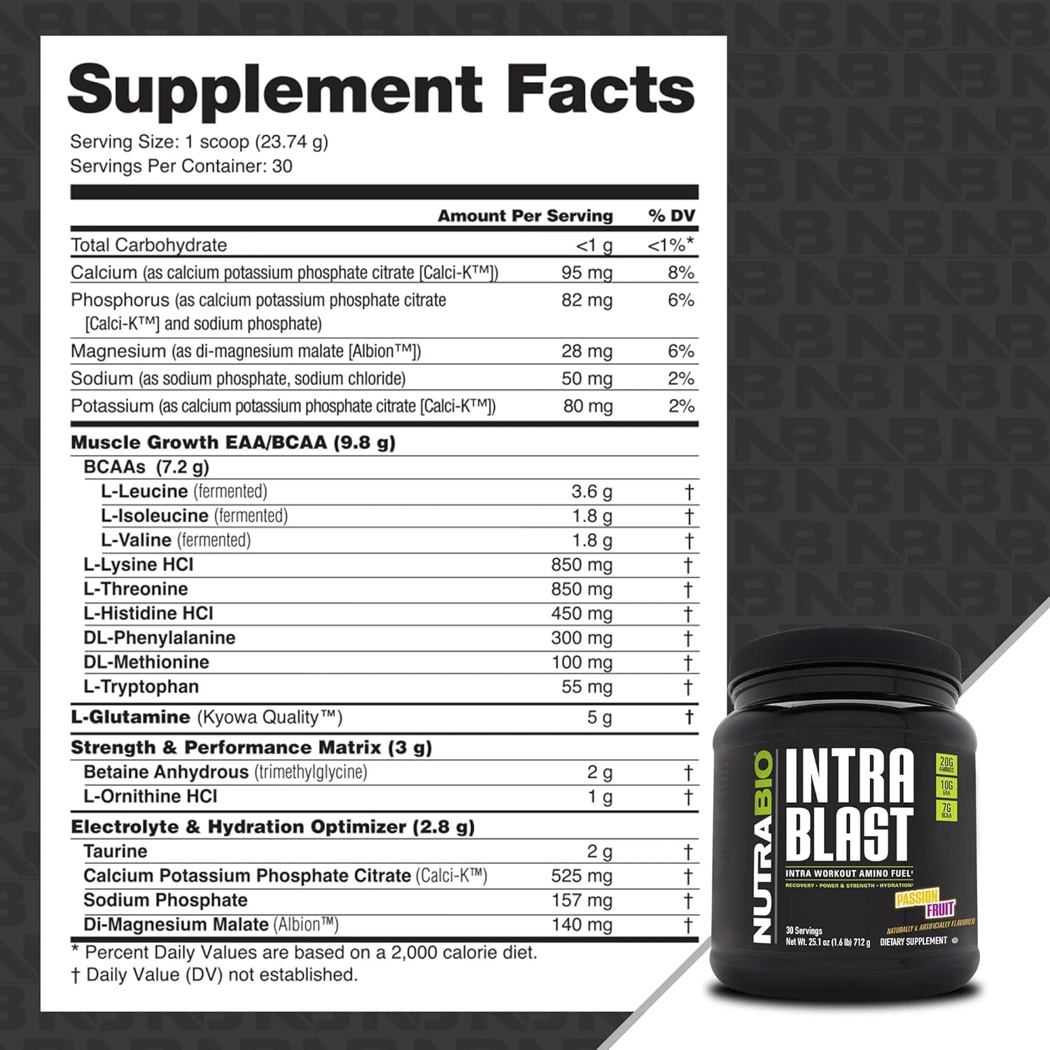 NutraBio Intra Blast Bcaa Powder Amino Acid Supplement, Electrolyte & Hydration Blend, Intra, Pre Workout & Muscle Recovery, 20g Eaa Amino Acids Powder, 5g Glutamine- Passion Fruit, 30 Serving