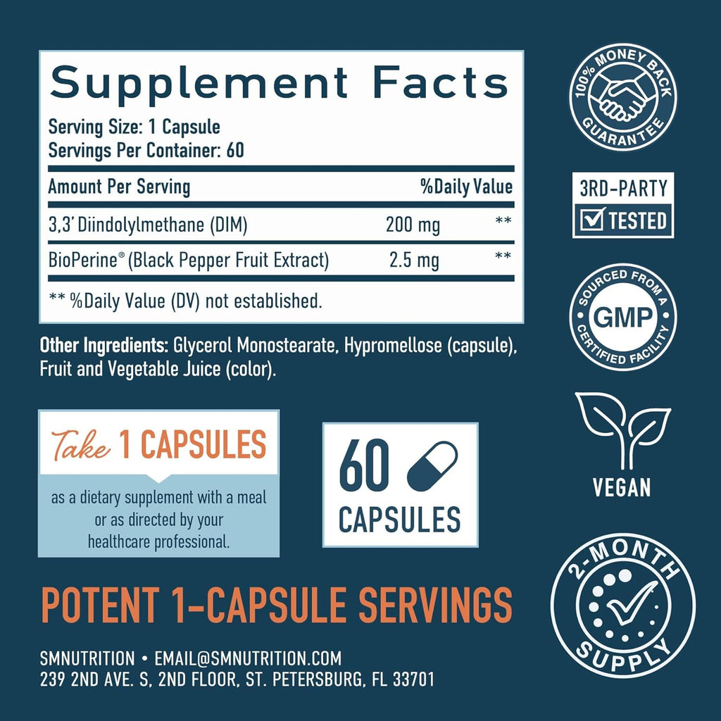 DIM Supplement 200 mg for Hormone Balance | Delayed-Release Microbeadlets | Estrogen Balance for Women & Men, Hormonal Acne Supplements, Menopause & Antioxidant Support | Vegan, Soy Free | 60 Ct.