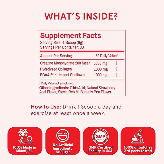 Peach Perfect Creatine Blend for Women – Micronized Creatine Monohydrate with BCAA & Collagen for Glute Strength Support – Strawberry Acai – 30 Servings