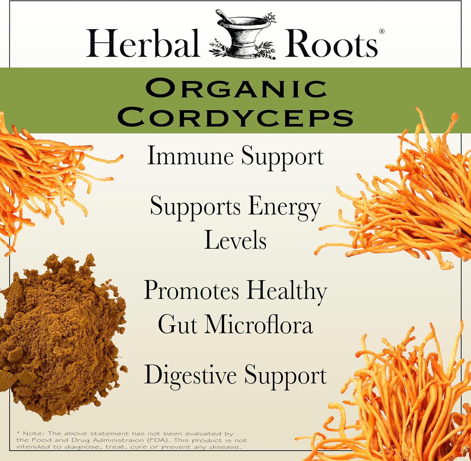Herbal Roots Organic Cordyceps - Fruiting Body Extract Mushroom Capsules - Immune & Energy Support - 60 Vegan Capsules