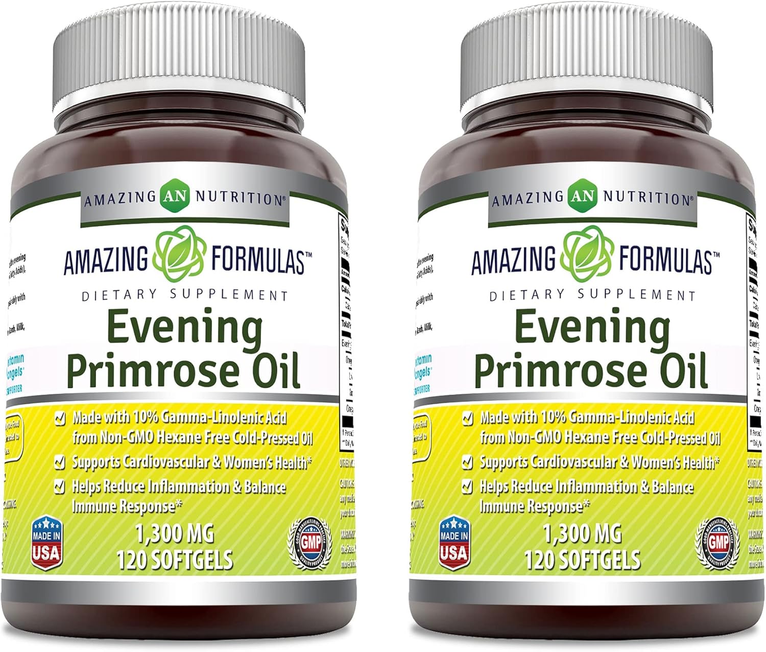 Amazing Formulas Evening Primrose Oil 1300mg, 10% GLA, Softgels Supplement | Hexane Free Cold Pressed Oil | Non-GMO | Gluten Free (120 Count | 2 Pack)