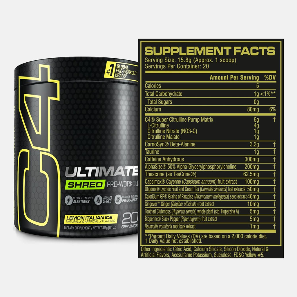 Cellucor C4 Ultimate Shred Pre Workout Powder, Fat Burner for Men & Women, Metabolism Supplement with Ginger Root Extract, Lemon Italian Ice, 20 Servings (Pack of 1)