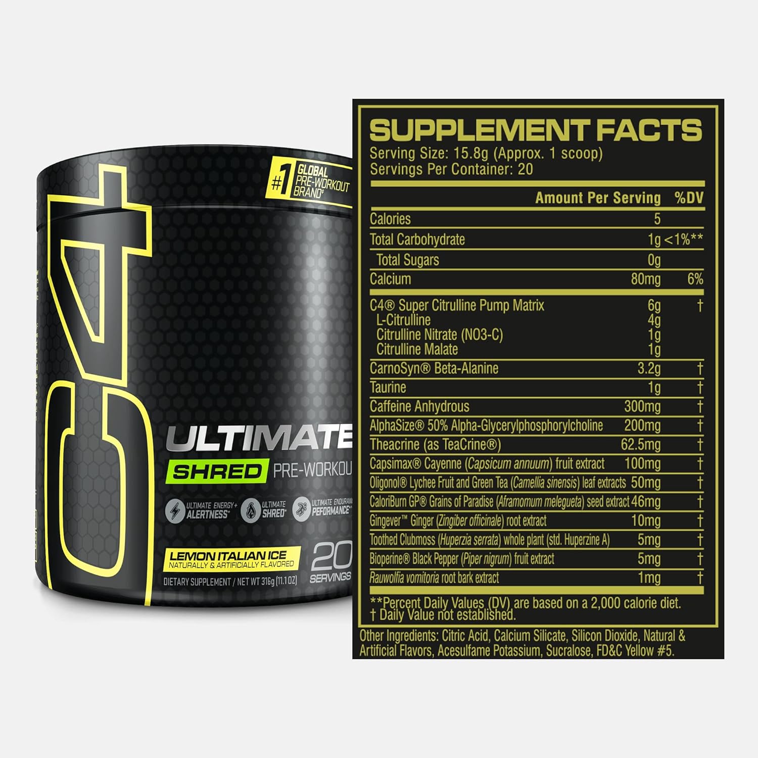 Cellucor C4 Ultimate Shred Pre Workout Powder, Fat Burner for Men & Women, Metabolism Supplement with Ginger Root Extract, Lemon Italian Ice, 20 Servings (Pack of 1)