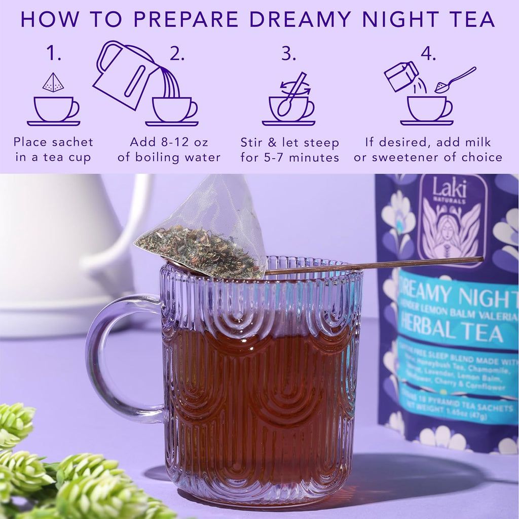 Dreamy Night Sleep Tea (1.65 oz, Pack of 18 Tea Bags) – Sleepytime Calming Caffeine Free Tea Herbal Blend with Valerian Root, Chamomile, Lemon Balm, Passionflower and Lavender for Bedtime