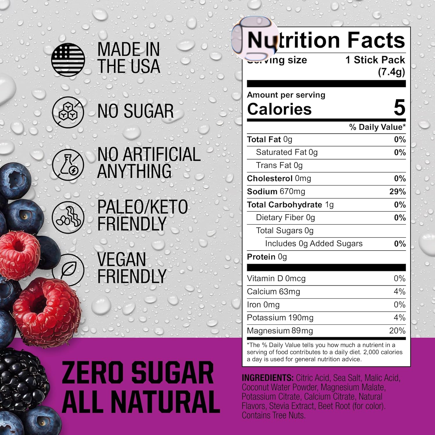 Fire Science Fire Salt Hydration Sticks, Electrolytes & Coconut Water, Hydration Drink Mix with Magnesium, Potassium & Sodium, Zero Sugar, Single Serve On The Go Packs, Berry Flavor, 32 Count