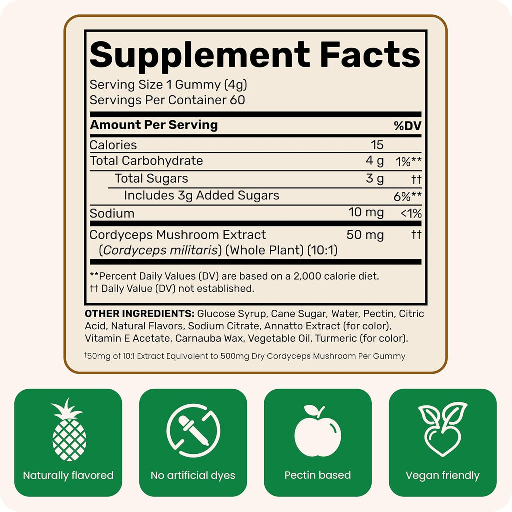 Fungies Cordyceps Mushroom Gummies, Mango & Pineapple Flavor - Mushroom Herbal Supplement Gummy for Adults Supports Endurance, Energy & Performance - Caffeine-Free Energy Gummies - 60 Servings