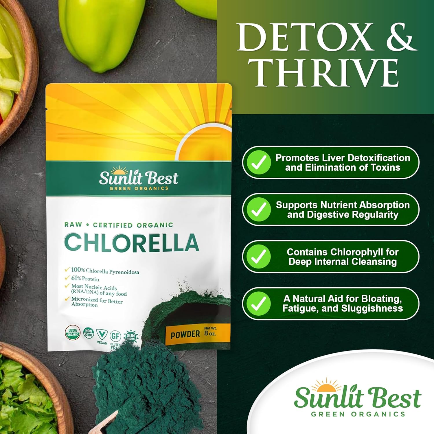 Sunlit Best Chlorella Powder Organic USDA, Green Algae Chlorella Powder, Broken Cell Wall Chlorellas, Raw Vegan Protein Chlorophyll - Non GMO, Gluten Free Superfood, Immune Support Supplement, 8 oz