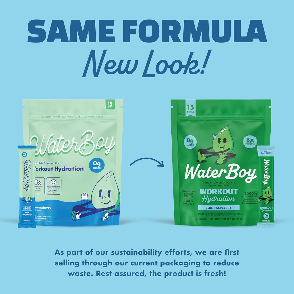 Waterboy Workout Hydration | 2,960mg Sugar Free Electrolyte Powder Packets | L-Glutamine + Vitamins | No Sugar, All Natural, Gluten Free | 15 Drink Stick Mixes (Blue Raspberry)