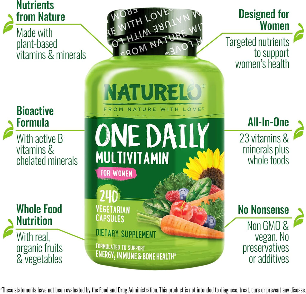 NATURELO One Daily Multivitamin for Women - Energy Support - Whole Food Supplement to Nourish Hair, Skin, Nails - Non-GMO - No Soy - Gluten Free - 240 Capsules | 8 Month Supply