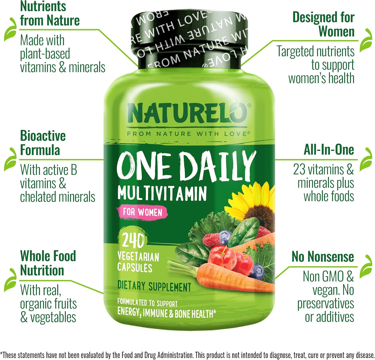 NATURELO One Daily Multivitamin for Women - Energy Support - Whole Food Supplement to Nourish Hair, Skin, Nails - Non-GMO - No Soy - Gluten Free - 240 Capsules | 8 Month Supply