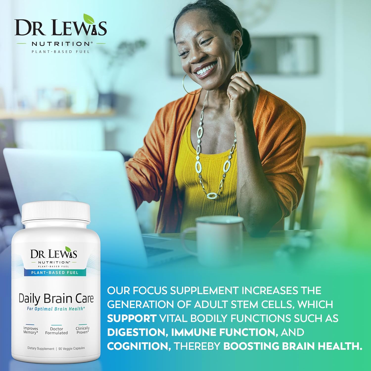 Brain Supplements for Memory and Focus – Dr Lewis Daily Brain Care Capsules with Aloe Vera – Plant-Based Nootropic and Energy Supplement for Brain Fog, Mental Clarity, and Immune Support – 90 Capsules