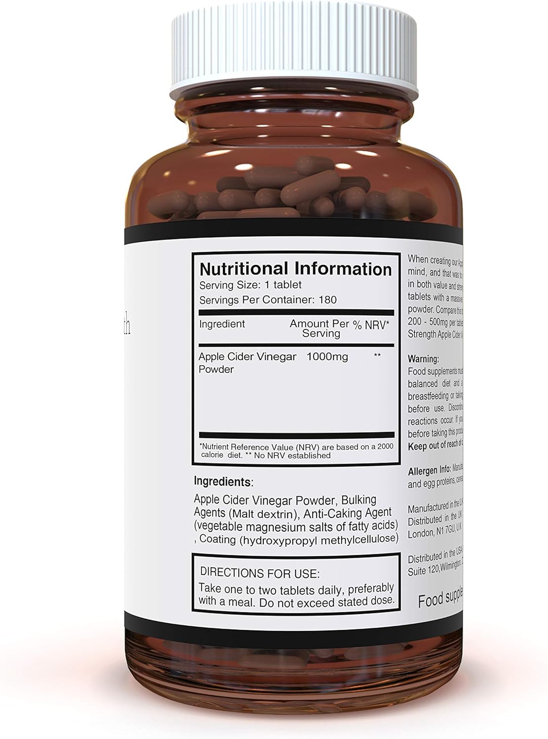 Double Strength Apple Cider Vinegar 1000mg x 720 Tablets (4 Bottles of 180 Tablets - 2 Years Supply)