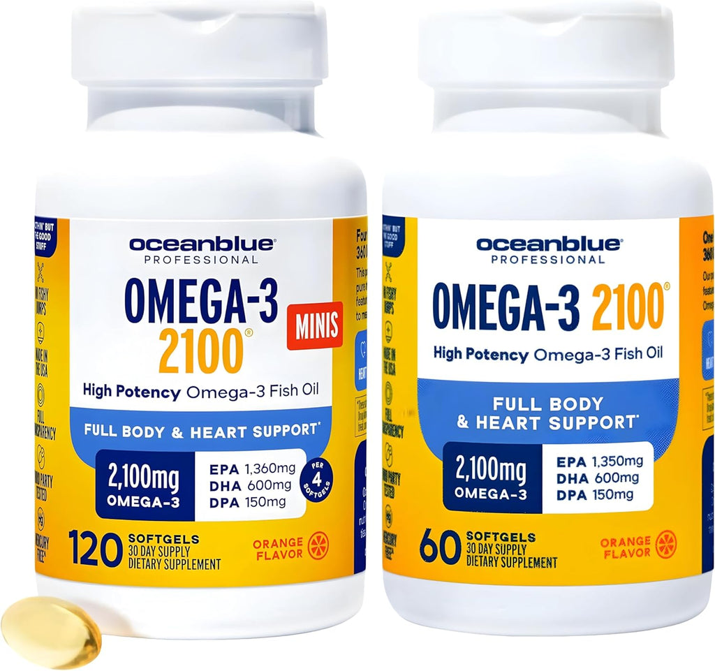 Oceanblue Omega-3 2100 Advanced Duo – Triple Strength Fish Oil with EPA, DHA, DPA – 120ct Minis + 60ct Softgels – Heart & Brain Support – Orange Flavor 2 Pack