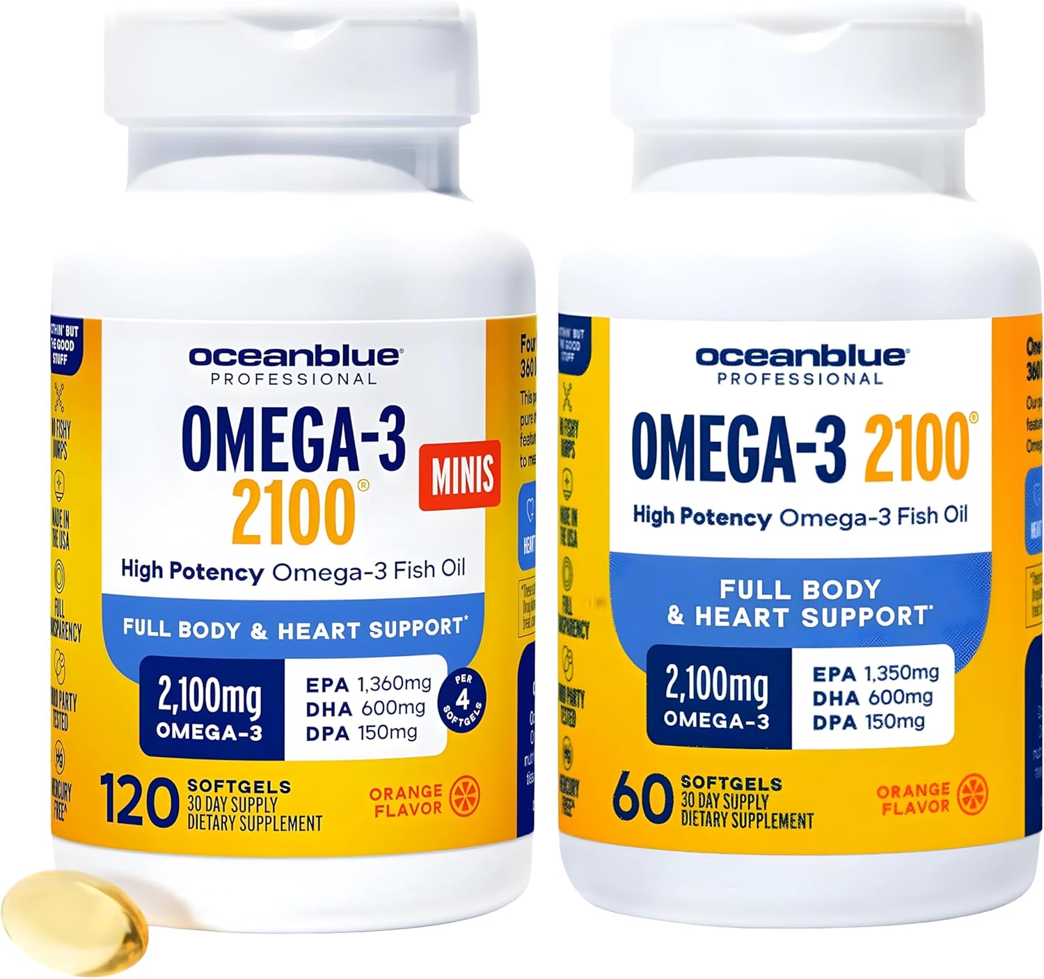 Oceanblue Omega-3 2100 Advanced Duo – Triple Strength Fish Oil with EPA, DHA, DPA – 120ct Minis + 60ct Softgels – Heart & Brain Support – Orange Flavor 2 Pack