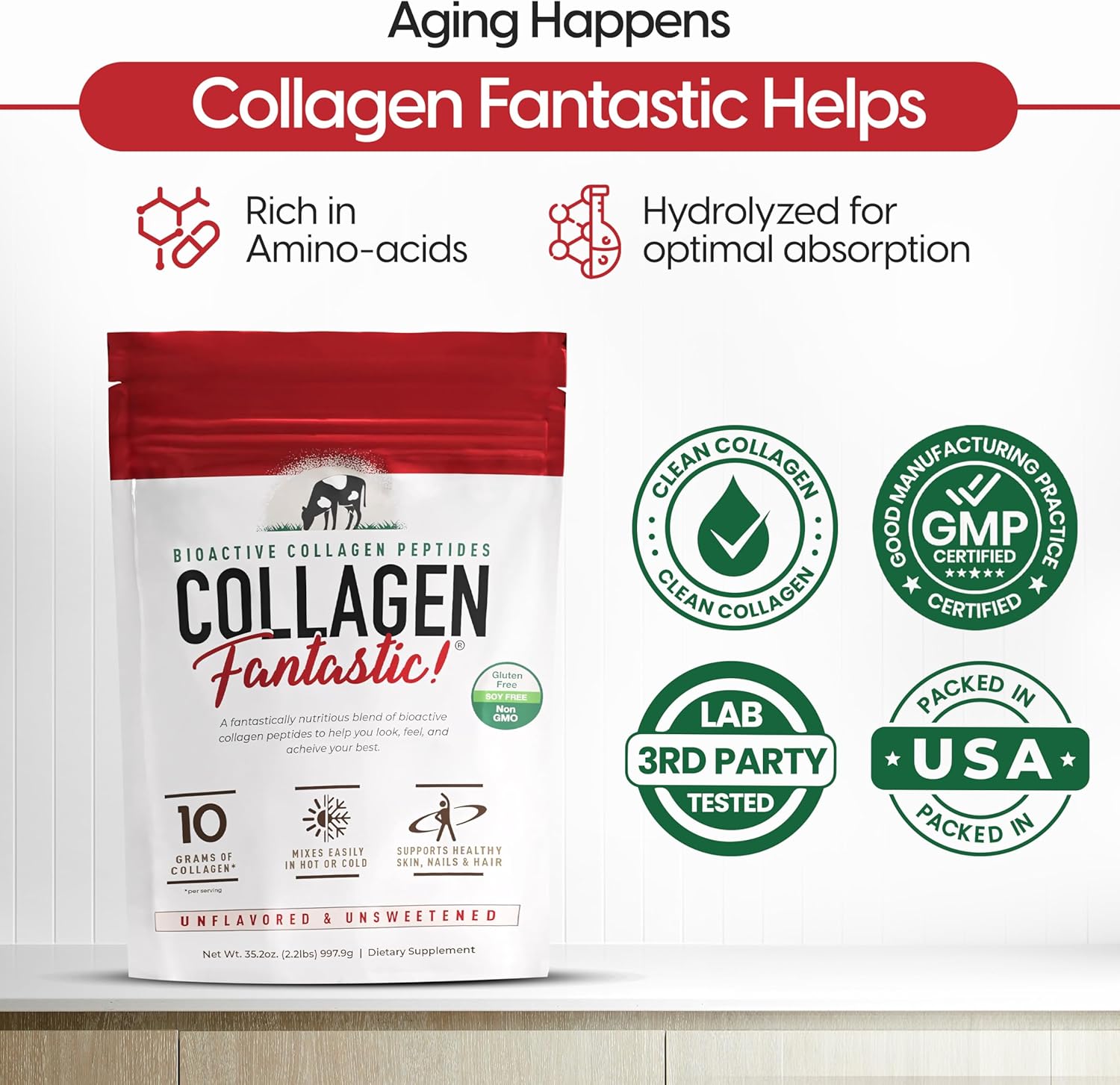 Collagen Peptides Powder Unflavored 2.2lb – Grass-Fed Bovine Protein for Joints, Bones & Skin – Type I & III Hydrolyzed Collagen – Gluten-Free, Non-GMO & Soy-Free – 90 Servings