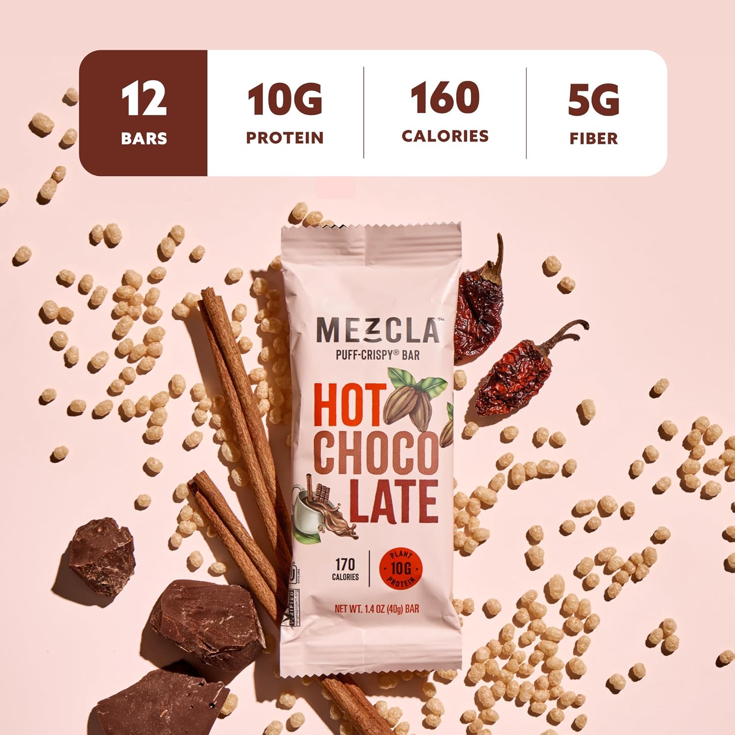 Mezcla Puff Crispy Protein Bars, Gluten Free & Vegan Protein Bars, 10g Protein, Alt for Crispy Rice Treat, Granola Bars & Breakfast Bars, Healthy Snacks for Adults, Hot Chocolate, 12 Pack