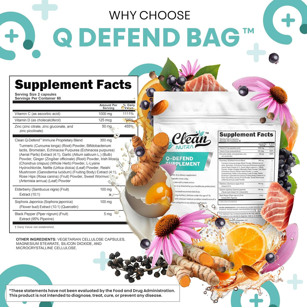Q Defend Immune Support Supplement Quercetin Zinc Vitamin C Vitamin D Elderberry Turmeric Black Pepper Garlic Ginger Sea Moss Lysine Stinging Nettle Reishi Mushroom 120 Capsules by Clean Nutra