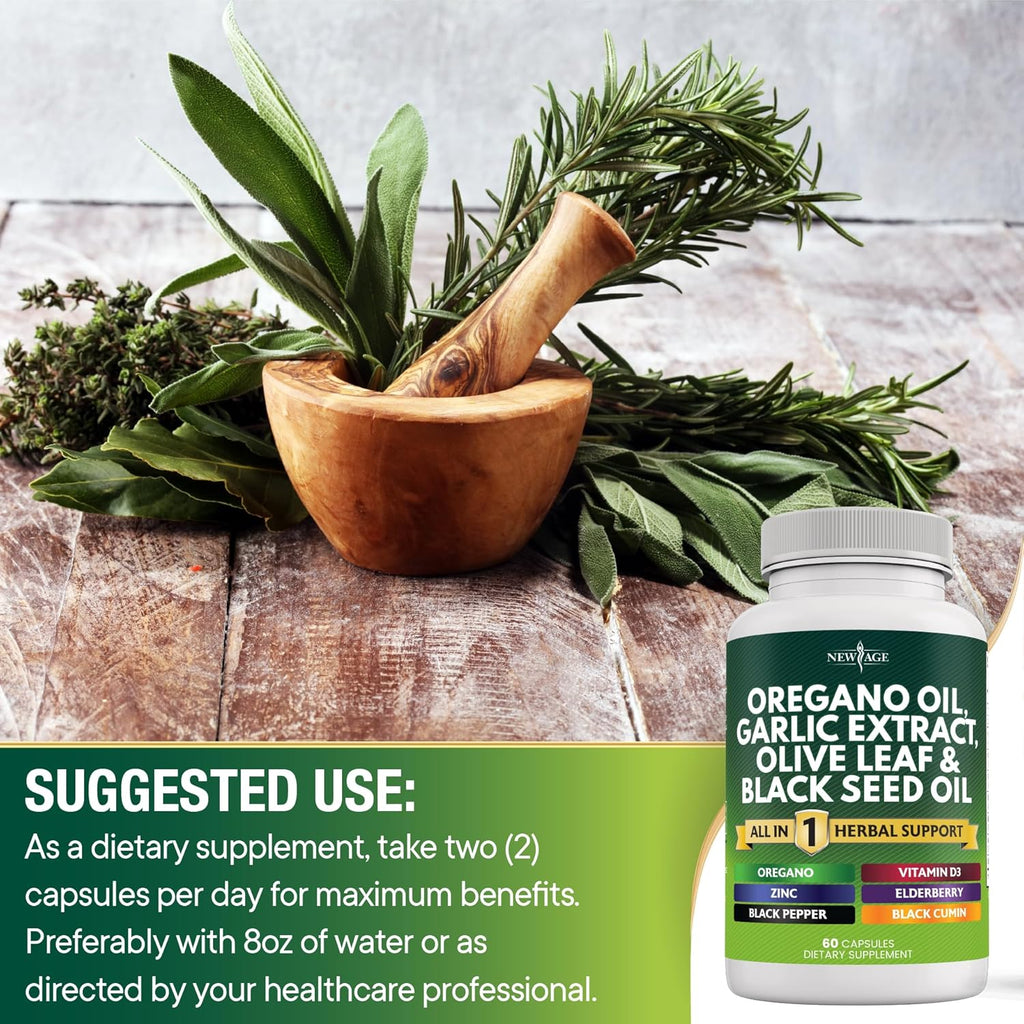 NEW AGE Oregano Oil Garlic Extract Olive Leaf with Astragalus - Supplement for Women and Men - 180 Count