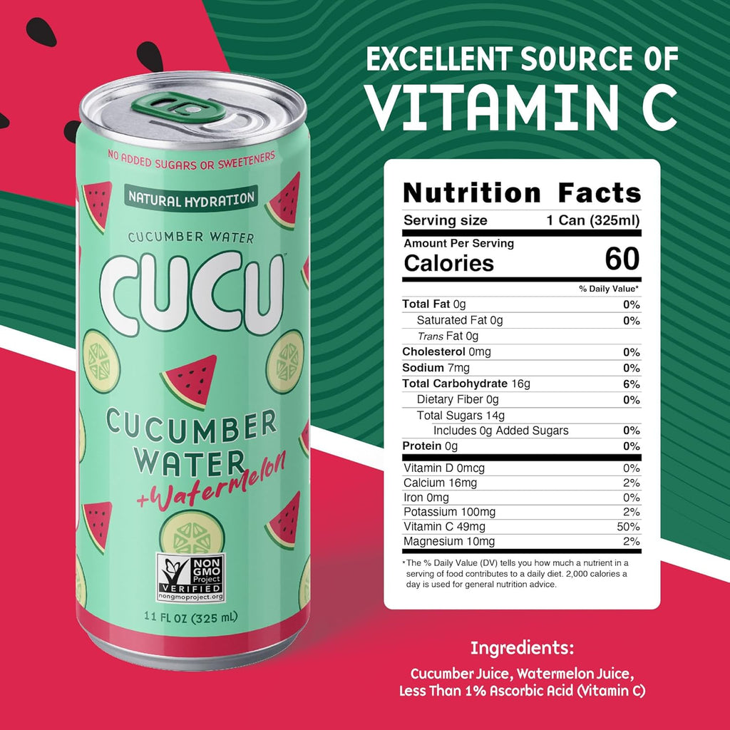 CUCU Cucumber Water + Watermelon Water – Natural Hydration from Cucumbers with Vitamin C, Electrolytes & Antioxidants – No Sugar Added, Non-GMO – 12 Pack, 11 fl oz Cans