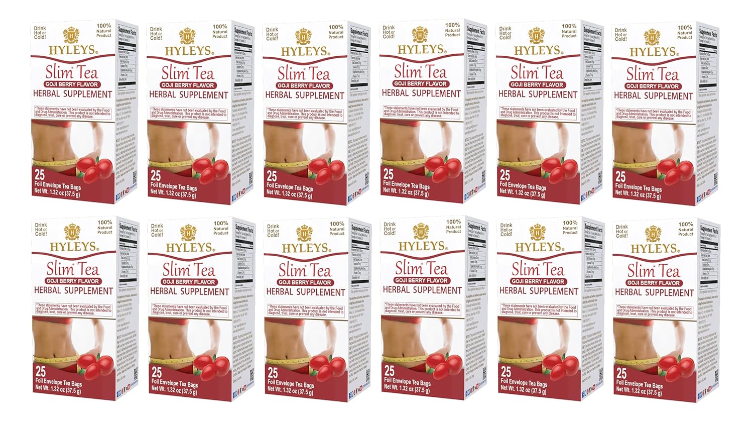 Hyleys Slim Tea Goji Berry Flavor - Weight Loss Herbal Supplement Cleanse and Detox - 25 Tea Bags (12 Pack)