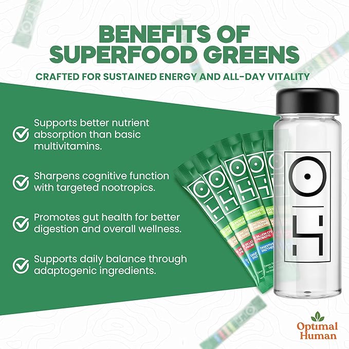 Optimal Human Superfood Greens Powder -90+ Ingredient Blend with Lion’s Mane Supplement, Ashwagandha & Turmeric – Non-GMO, Soy-Free,Mushroom Supplements for Women – 5-Day Sachets w/A Bottle- 0.21 oz