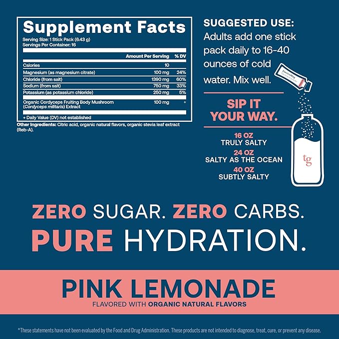 True Grace ElectroMag - 16 Stick Packs, Pack of 2 - Pink Lemonade - Electrolyte Powder for Rapid Hydration - Sodium, Potassium, Magnesium & Cordyceps - Zero Sugar & Carbs - Non-GMO - 32 Total Servings