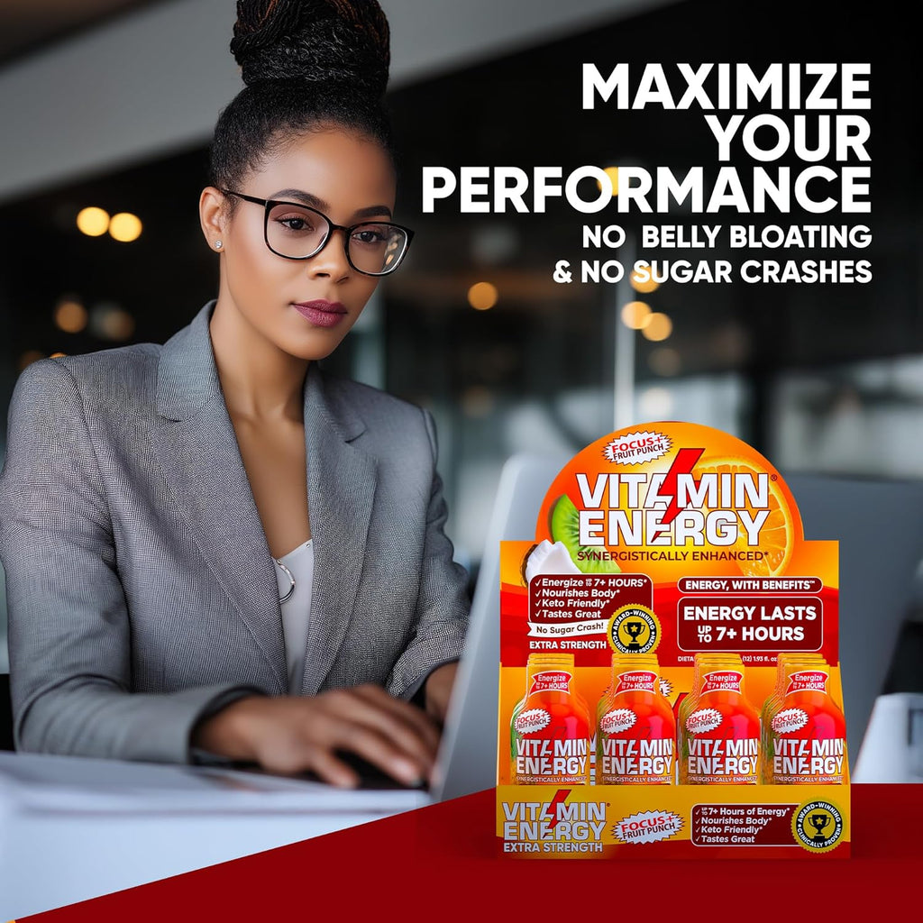 Vitamin Energy Focus+ Extra Strength Energy Shot Fruit Punch 8 Pack, 260mg Natural Caffeine, B-Vitamins, CoQ10, Amino Acids, Focus, Productivity & Clarity, Zero Sugar, Gluten-Free, 1.93 fl oz