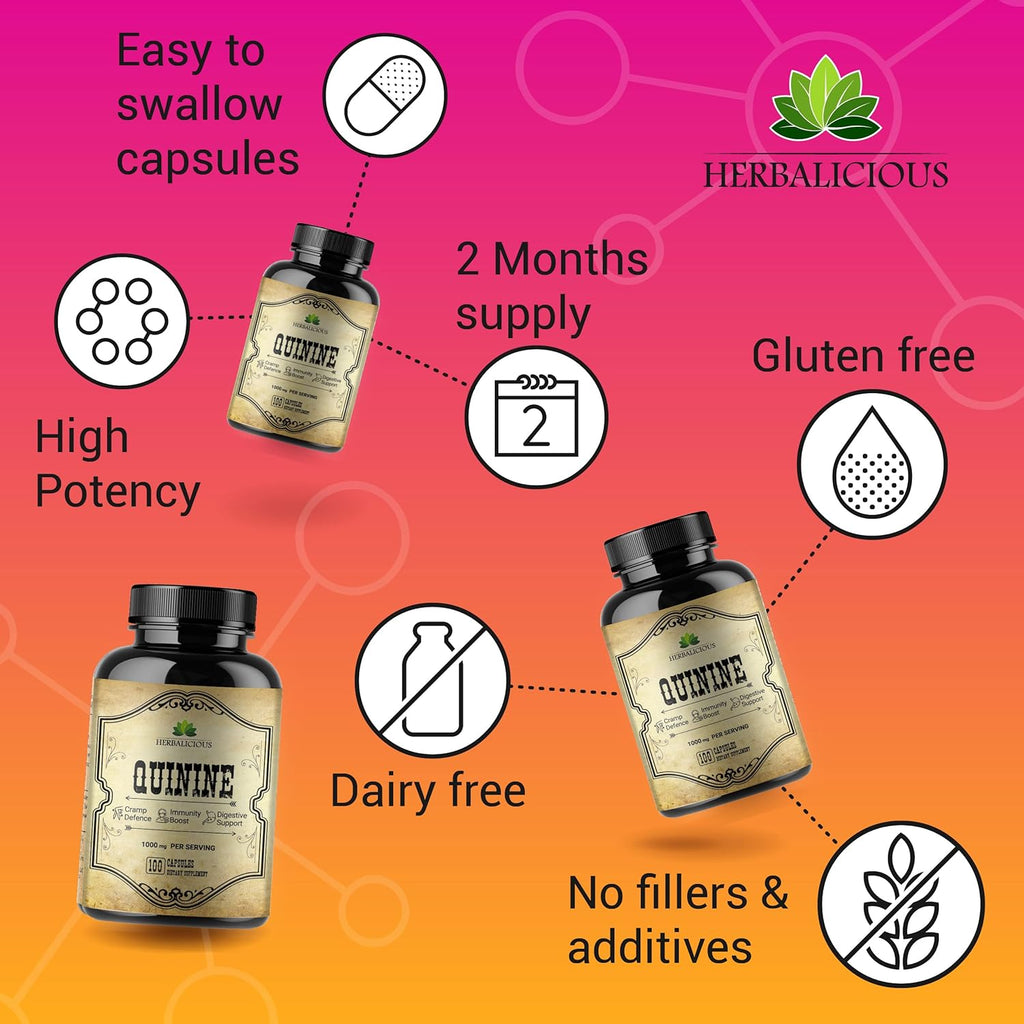 Quinine Capsules - Cinchona Officinalis Bark Herbal Supplement for Muscle, Cramp Defense and Overall Digestive Health - All-Natural Quinine Sulfate Pills, 500mg per Capsule, 100 Tablets