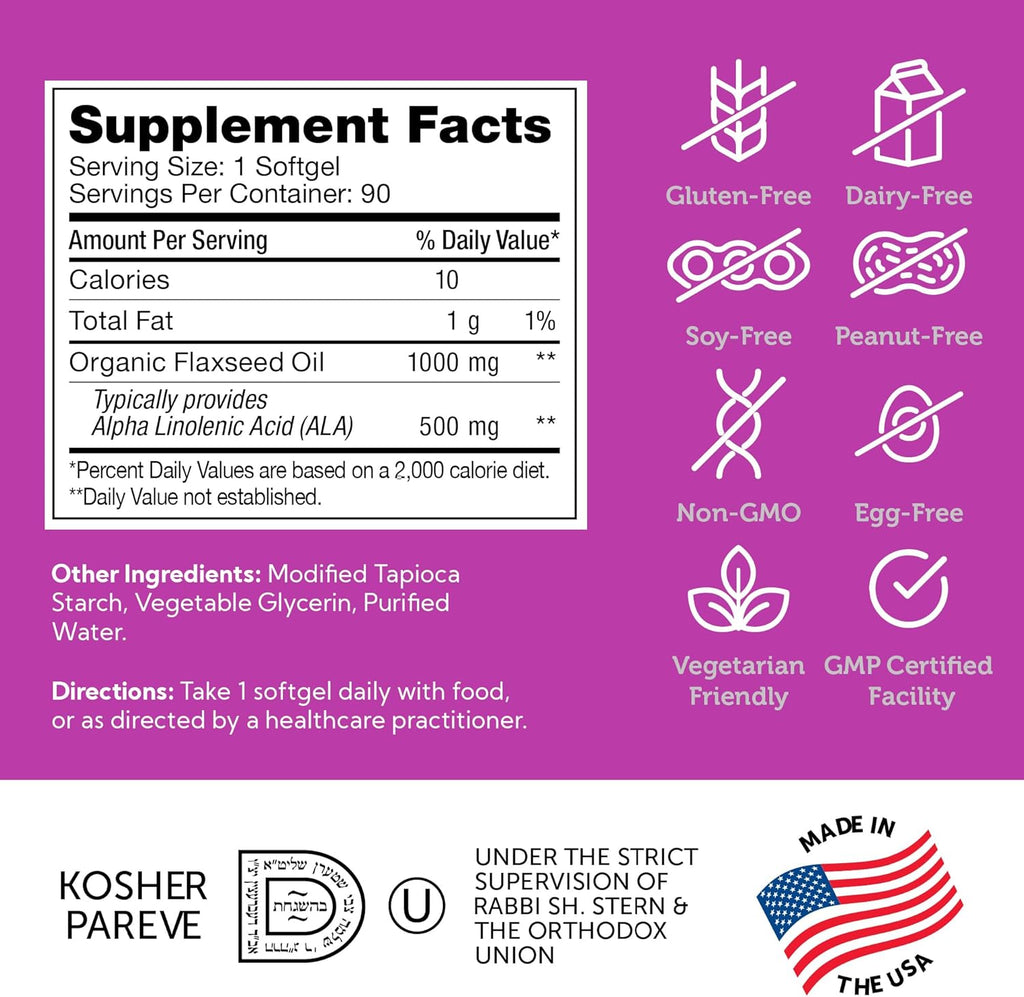 Zahler Organic Flaxseed Oil - 1000mg Softgels - Cold-Pressed Organic Flax Seed Oil - Organic Omega 3 ALA Supplement - Kosher Non-GMO Gluten Free Vegetarian-Friendly Flaxseed Supplement (90 Count)